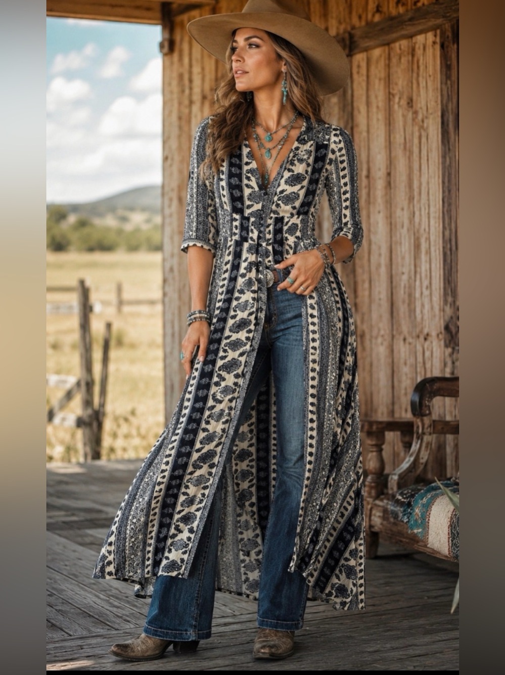 Boho Paisley Button Front Maxi Dress Crochet Back Duster Style